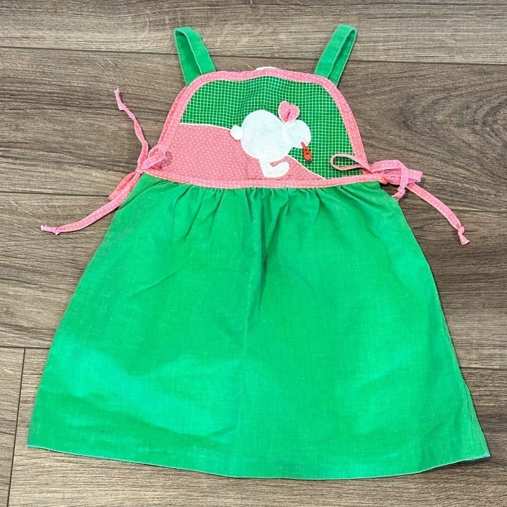 Girls 6 Vintage Easter Green and Pink Jumper Dress with Easter Bunny and Carrot